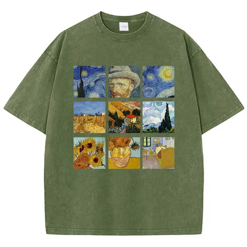 

Van GoghS Starry Night Sunflowers Prints Washed TShirts Womens Cotton tops ONeck Oversized T Shirts Summer Womans Clothes S