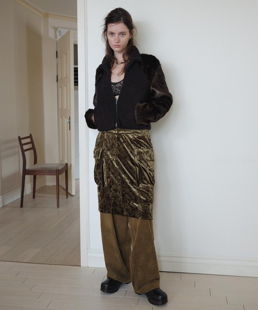 Obeodyupeulleeo Velvet Cargo Midi Skirt_Olive Khaki