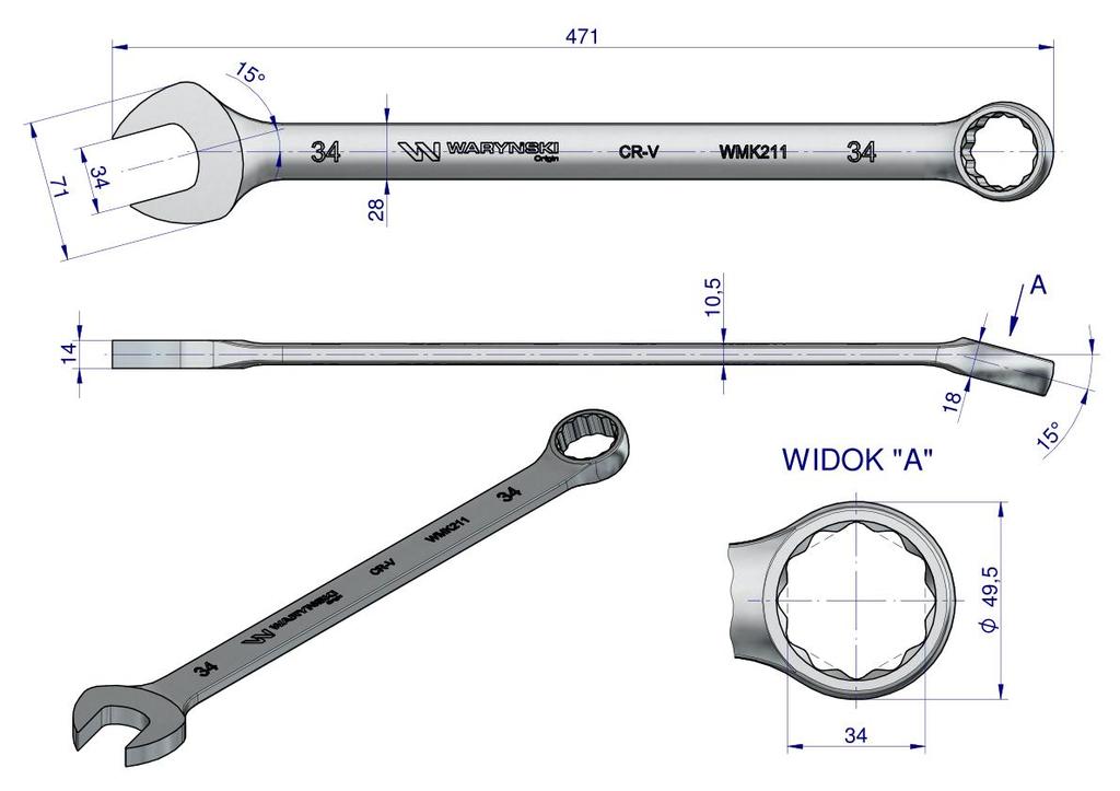 Extra Long Open-end Wrench 34mm Length 471mm ASME B107.9M Waryński Standard