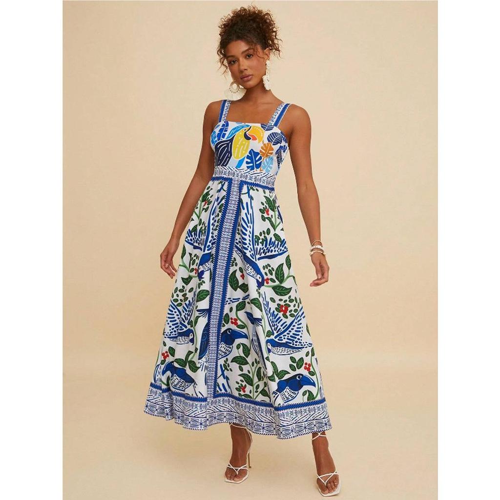 Womens Summer Boho Floral Dress Spaghetti Strap Square Neck Ruffle Casual Flowy A-Line Beach Swing Party Long Sundress Sleeveless Maxi Dress for Women
