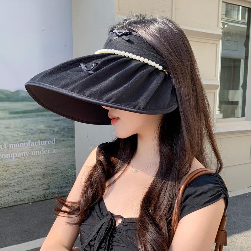 Summer sun protection hat women pearl bow big brim sun hat fashion empty top sun hat