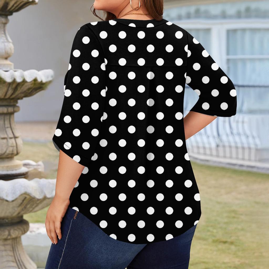 Women's Fashion Large Size Printed V-Neck Three-quarter Sleeve Top