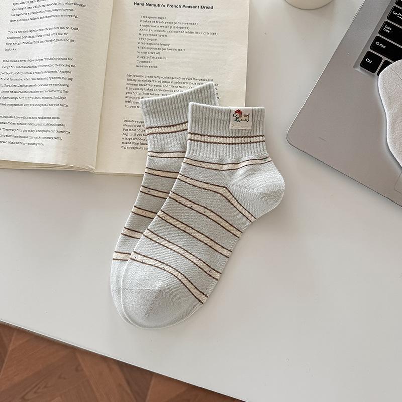 Korean Women s Polka Dot & Stripe Short Socks with Cute Puppy Design One Size синий