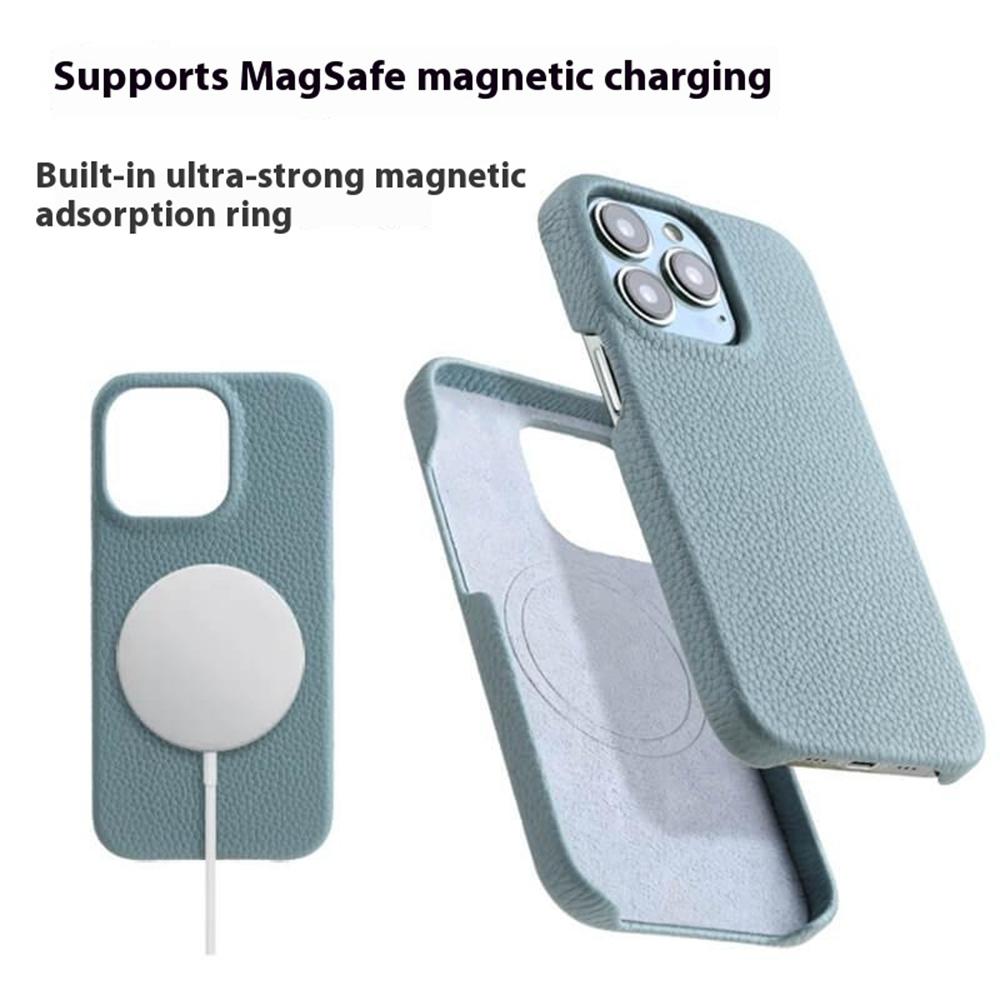 MELKCO For iPhone 14 Pro Max Magnetic Protective Case Genuine Cow Leather Coated PC Phone Cover
