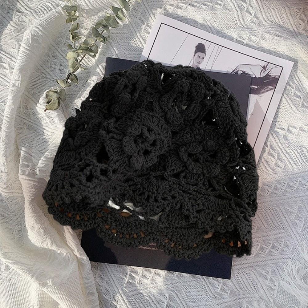 Handmade Crochet Flower Knitted Hat Bohemian Style Woven Cap Cute Hollowed Out Beanie Cap Outdoor