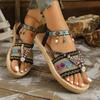 Women Ethnic Style Beaded Toe Loop Sandals Woven Straw Sole Flat Beach Shoes with Decorative Ankle Strap and Embellishments