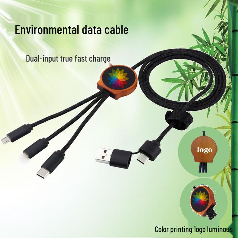 Eco-friendly Biodegradable Bamboo Fast Charging 6-in-1 Data Cable with Customizable Logo