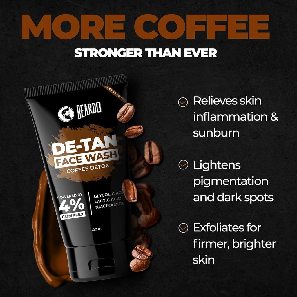 Beardo DeTan Face Wash For Men 100 ml Glycolic Acid Niacinamide Coffee Exfoliating Oil Control Cleanser For Smooth Skin