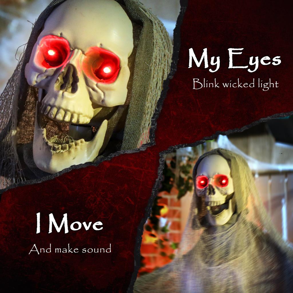 183 cm Life Size Halloween Animated Skeleton Grim Reaper with Glowing LED Eyes, Scary Halloween Decorations, Battery Operated, Indoor Party Props