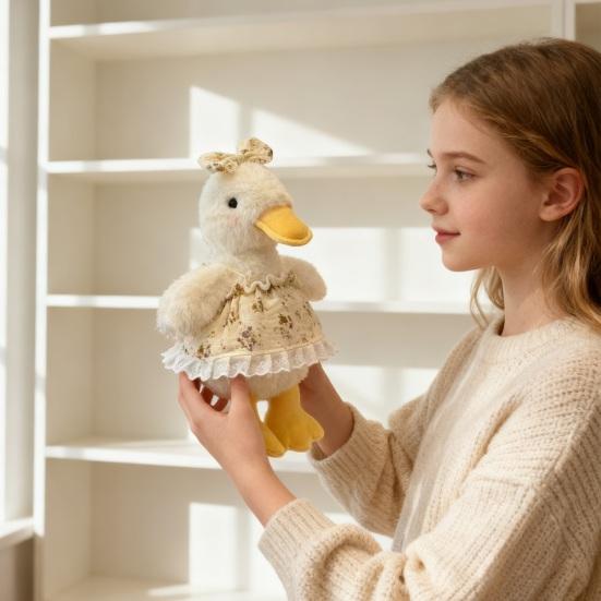 Søt and plysjleke med blomsterkjole Mykt kosedyr Bedårende plysjvenn Dekorasjon