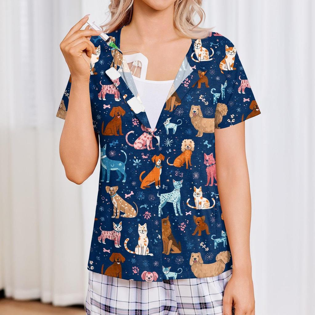 Damen Shirt nach der Operation Kurzarm Vier Taschen Leicht Bequem Knopfleiste Vorne Shirt für Medizinische Genesung und Tägliches Tragen