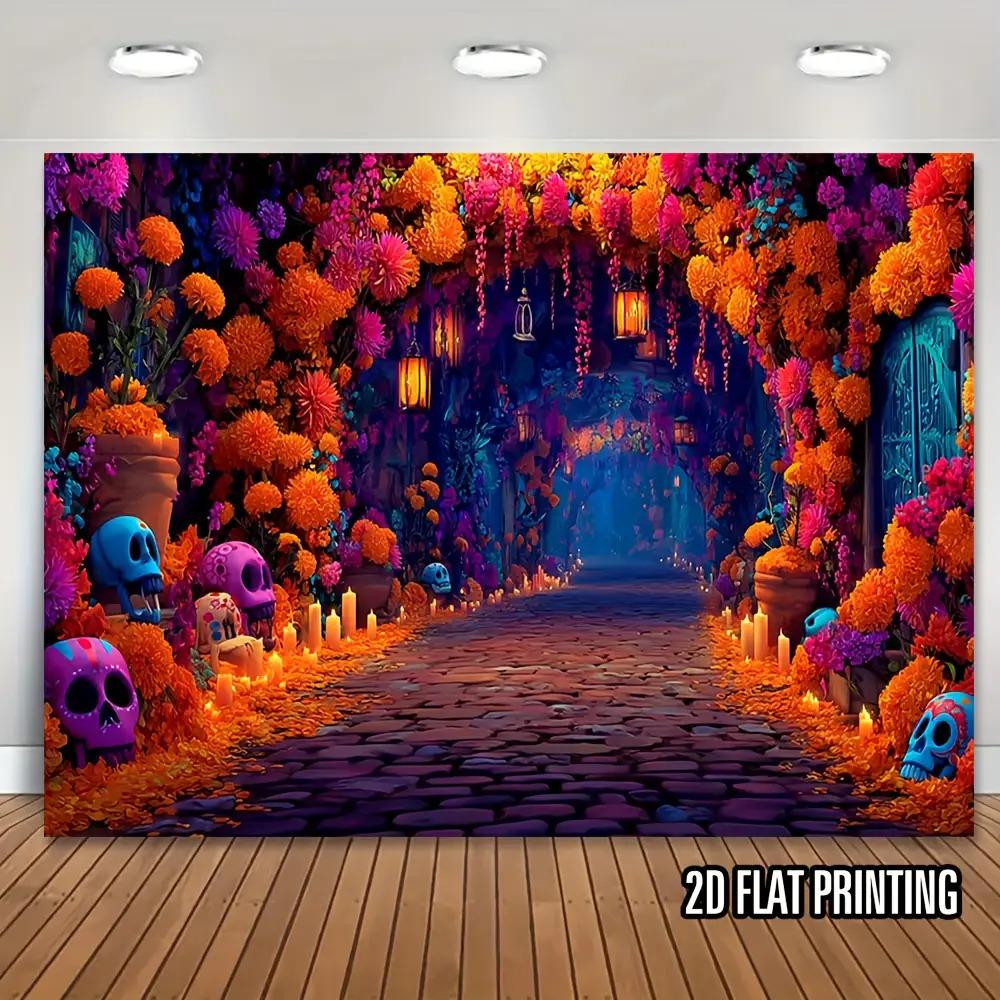 2D Plane, 1 Large Mexican Day of the Dead Wall Backdrop - Lacatrina Sugar Skulls and Candles, Bright Purple/orange