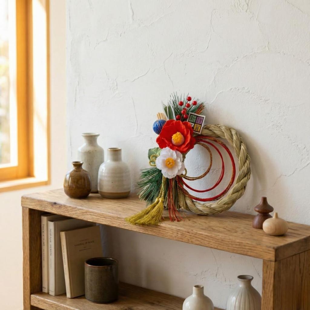 Hideshime Shimenawa (New Year's Decoration) Stylish Modern Wreath (Camellia) Natural MD-33A