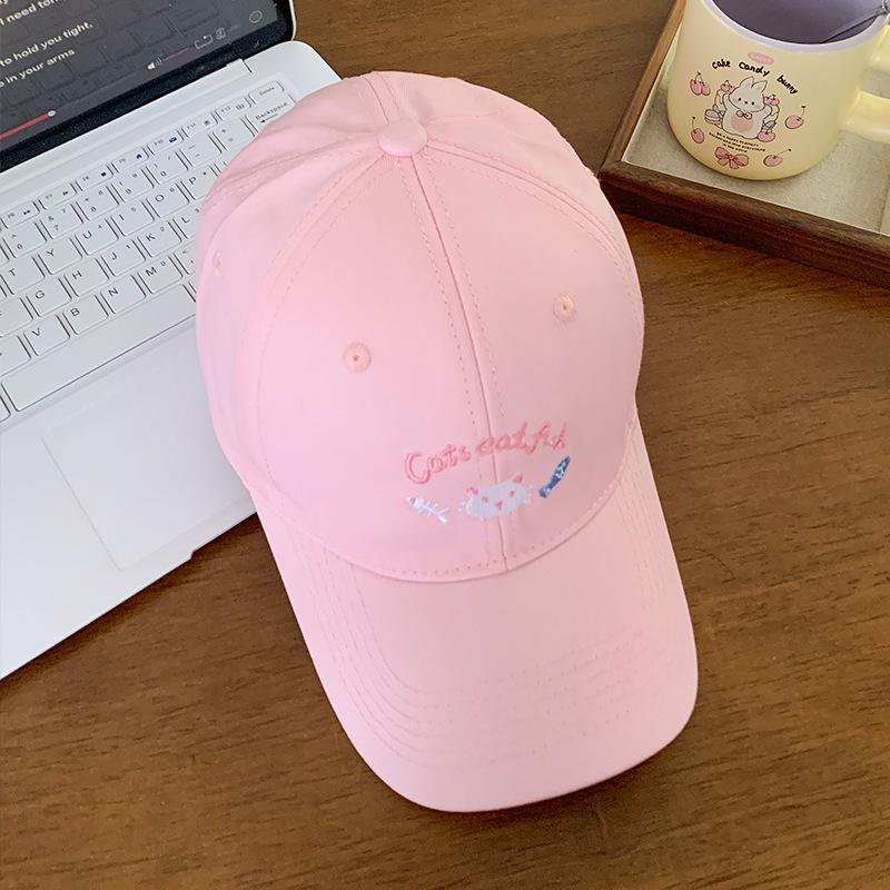 Cute kitten embroidered baseball cap women's spring summer big head circumference wide brim showing face small peaked cap versatile hat