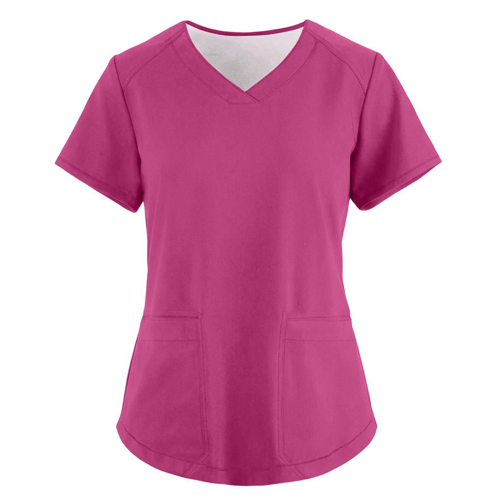 Women's Fashionable Loose-Fit Short-Sleeve V-Neck Pocket Workwear Top
