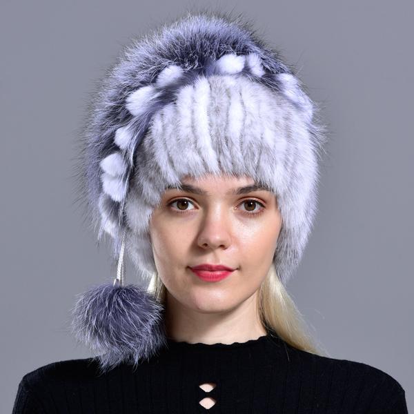 Winter Hat Mink Women Knitted Fox Fur Pompom Warm Cap Floral Fashionable Fluffy Elegant Female Genuine Natural Fur Hats Caps