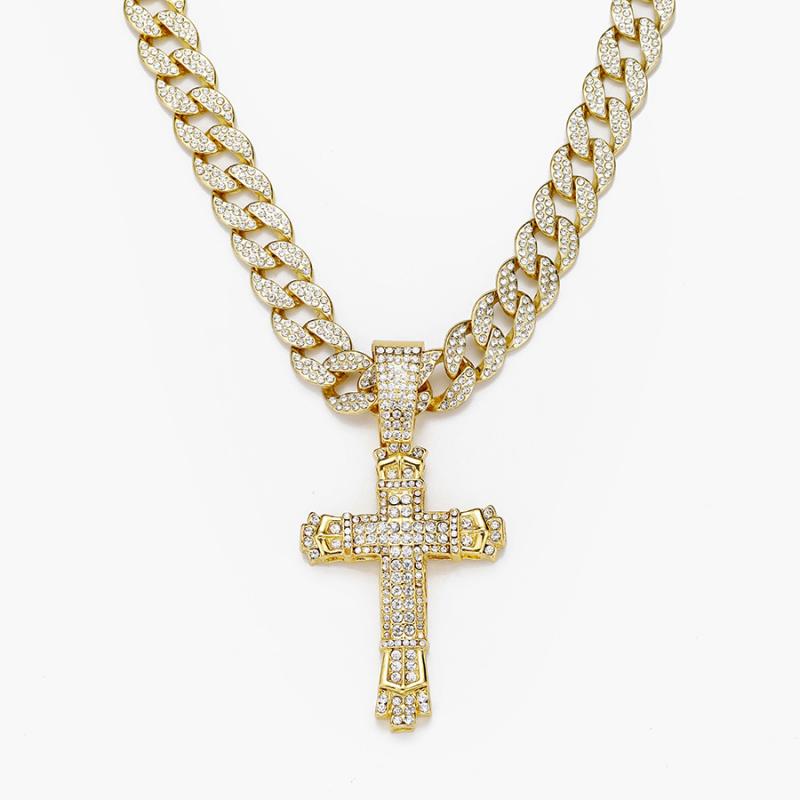 Crystal-Studded Detailed Cross Pendant with Adjustable Cuban Chain - Hip Hop Unisex Alloy Statement Necklace for Men and Women