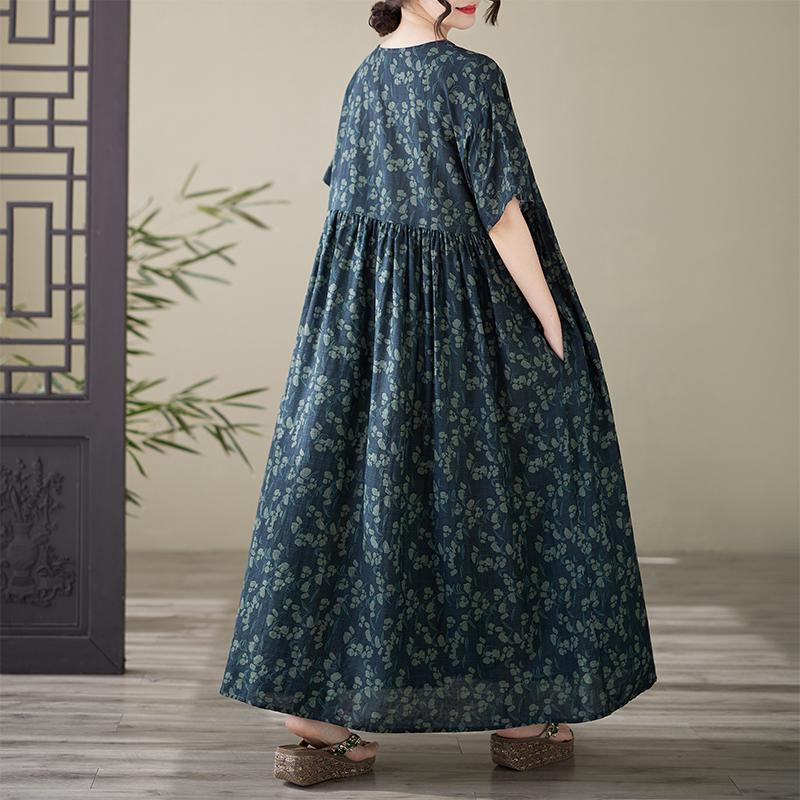 DIMANAF 2025 Summer Plus Size Dress Basic Women Casual Loose Vintage Oversized Printing New Long O-Neck Dress