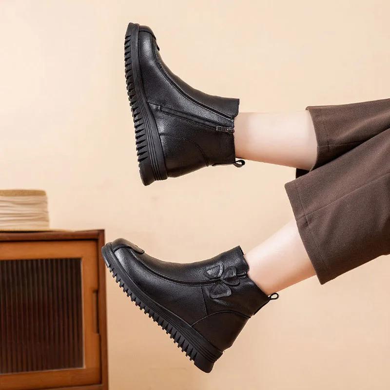 Fashion Cow Leather Women Boots Winter Shoes for Woman Wool Plush Genuine Leather Snow Boots Women Flat Platform Leather Shoes