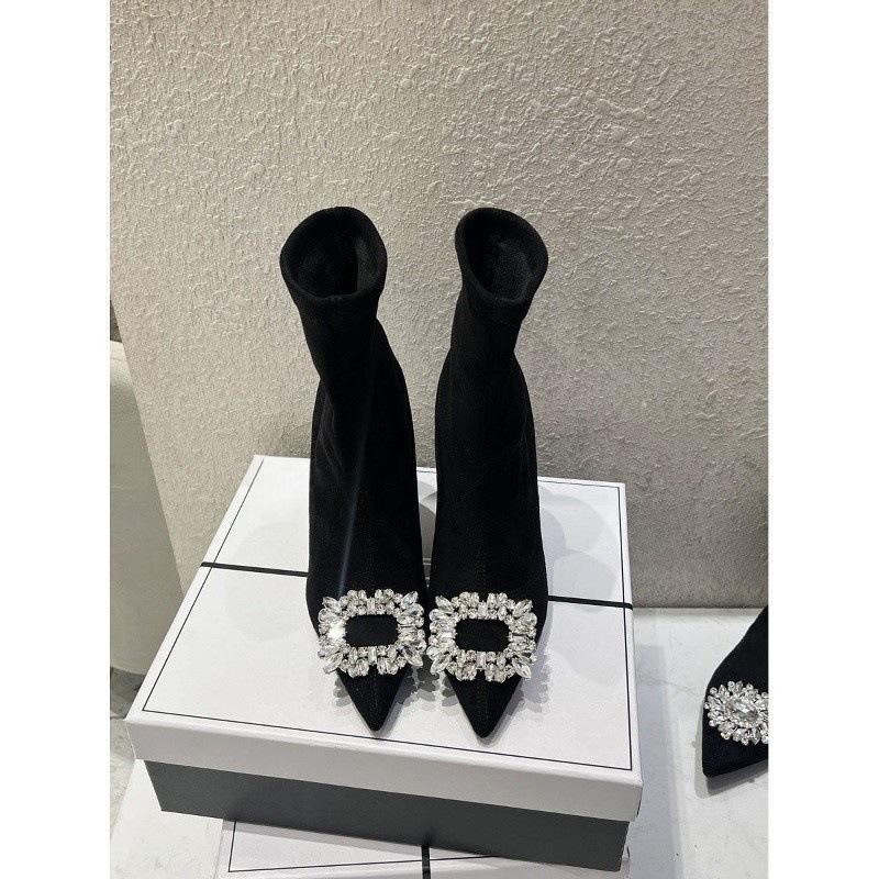 Short Boots Women s Autumn and Winter Pointed Heel Rhinestone Square Buckle Suede High Heel Elastic Boots Skinny Boots Women s Socks Boots 40