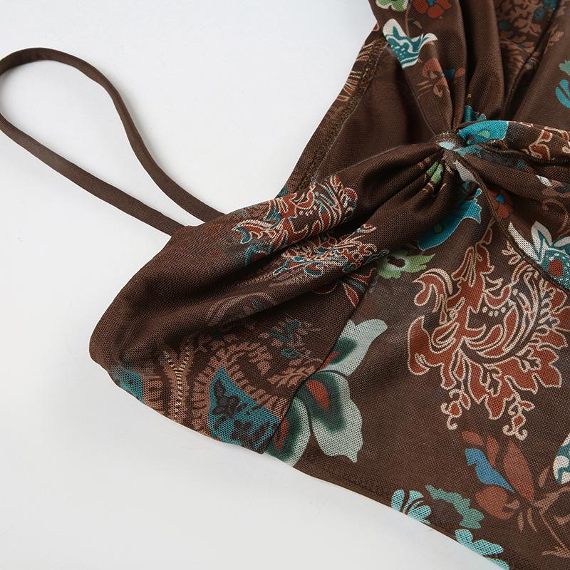 European & American Retro Print Spaghetti Strap Waist-Cinching Slim Bandeau Top
