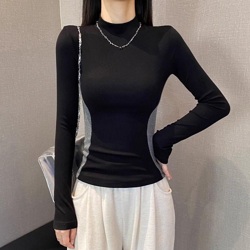 

Design sense semi-turtleneck contrasting color splicing long-sleeved t-shirt women s spring and autumn polished velvet warm inner bottoming shirt top XL чорний