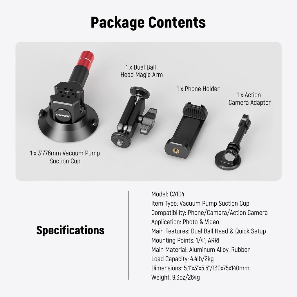 Neewer Vacuum Suction Cup Mount 3-inch Ball Head Magic Arm Smartphone and Action Camera Adapter Aluminum Quick Release Car Mount with 1/4" and 3/8"