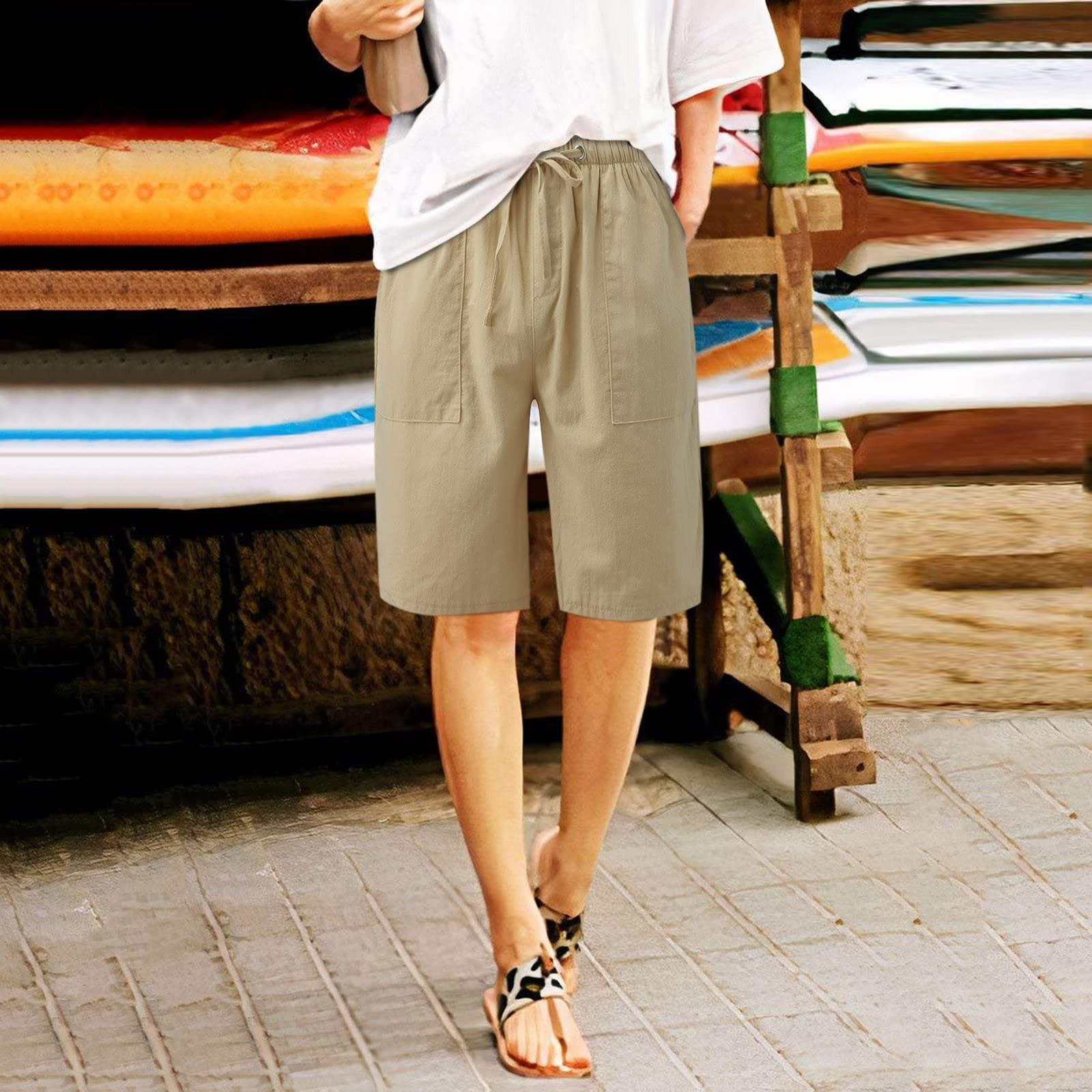 

Женские хлопковые и льняные брюки с эластичной резинкой на талии, удобные карманы и двухсекционные брюки с ремешком на шнурке M хаки