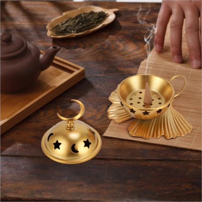 Ramadan Moon Stars Hollow Golden Incense Burner Eid Metal Crescent Leaf Yoga Censer Bedroom Living Room Party Table Decoration