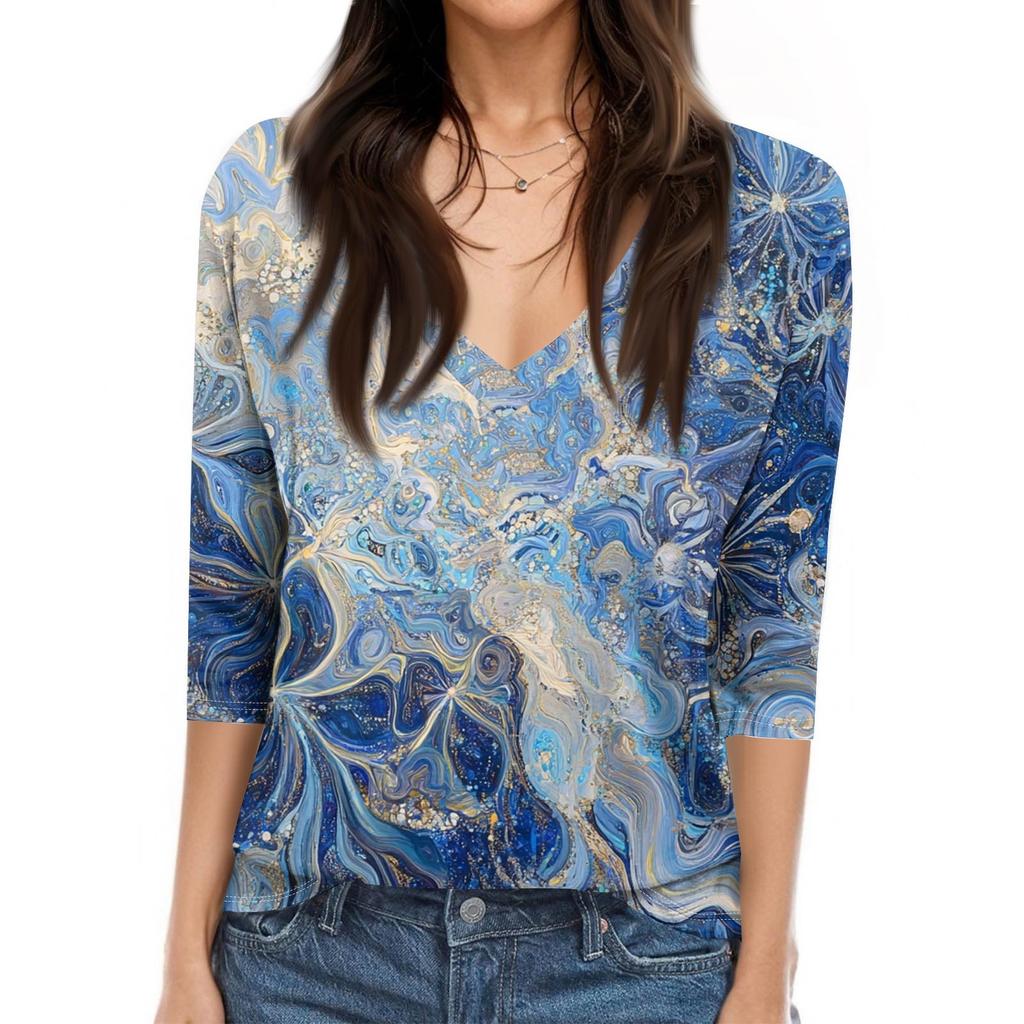 Women's Tops Three-quarter Sleeve Shirt V-neck Loose Casual Shirt Print T-shirt