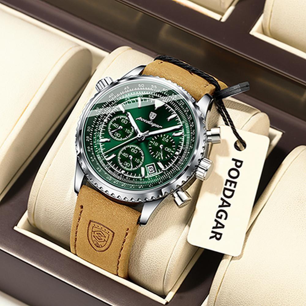 POEDAGAR Military Luxury Men Watch Date Chronograph Waterproof Luminous Top Man Wristwatch Leather Men's Quartz Watches