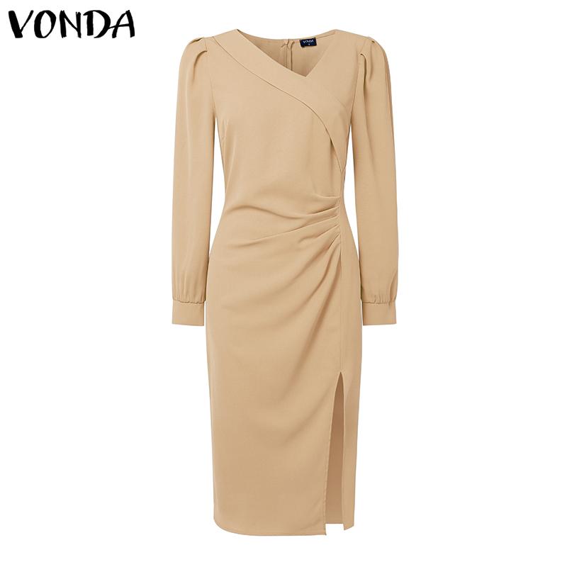 

VONDA Элегантное женское платье миди с длинным рукавом, плиссировкой по бокам и разрезами, повседневное, офисное 3XL