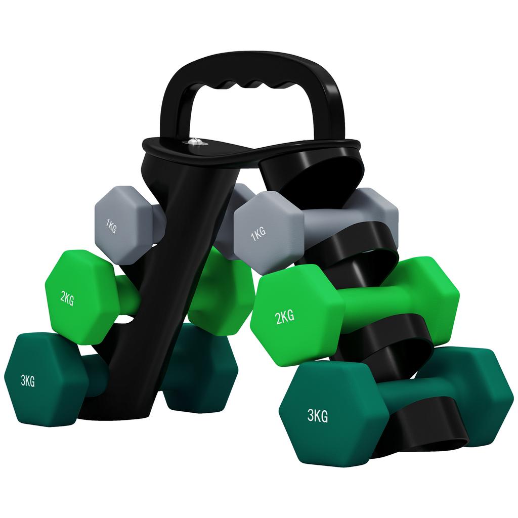Dumbbells Set with Storage Rack, 2 X 1kg, 2 X 2kg, 2 X 3kg, Grey