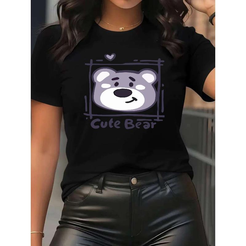 European Size Women'S Cute Bear Face Graphic T-Shirt - Soft Breathable Tee with Purple Accent, Casual Everyday & Gym Shirt for Women, Ladies T Shirts