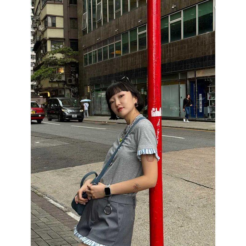 Chic Niche Design Loose Shoulder Short Sleeve T-shirt Contrast Color Stripes Lace Shorts Casual All-Match Suit