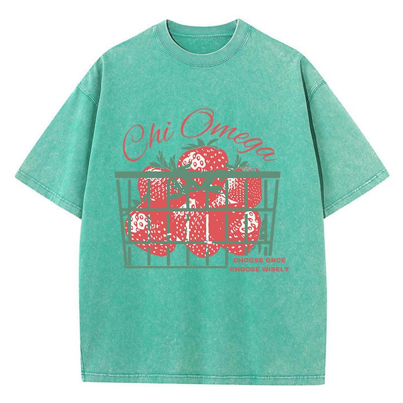 Strawberries Cotton Washed T-Shirt Womens Fresh Fruit Printing T Shirts O-Neck Oversized Acid Wash Tops Womans