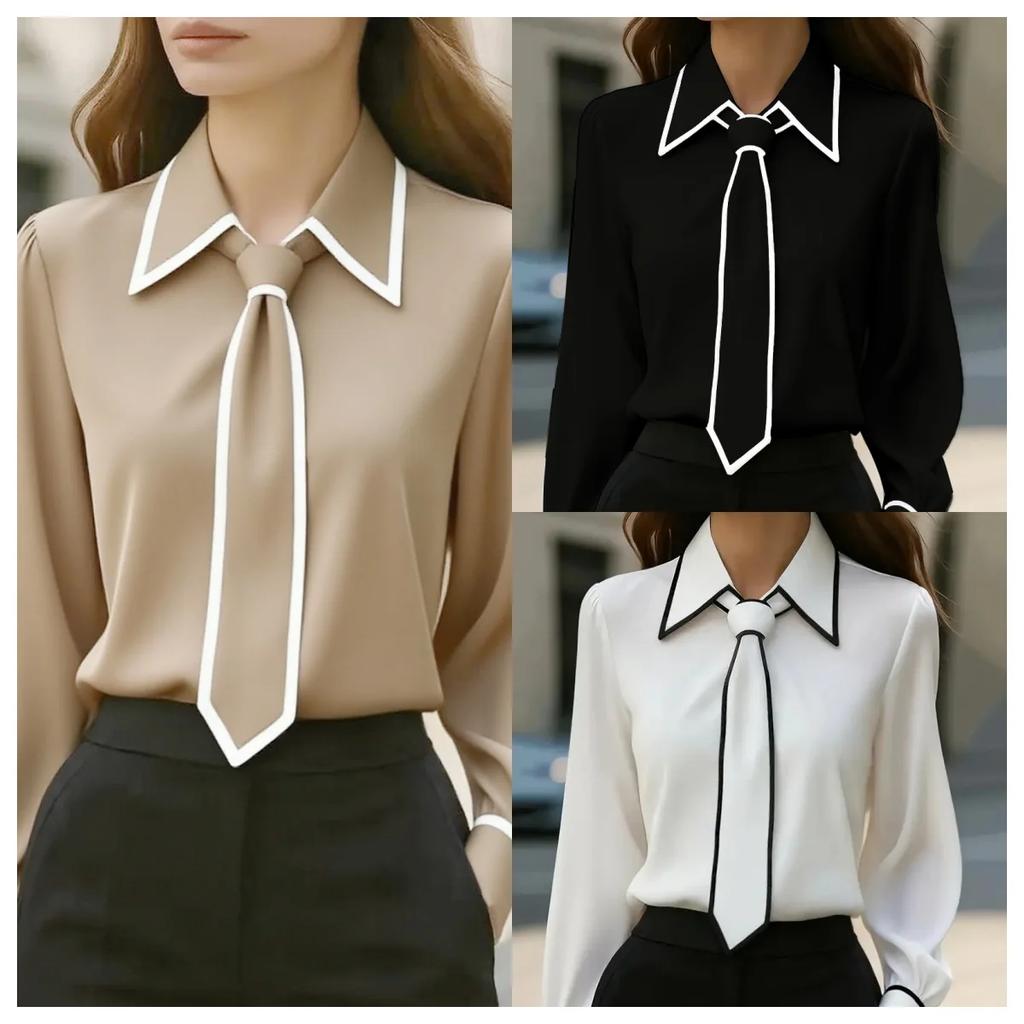 Women's Commuting Tie Long Sleeve Shirt Trim Tops Slim Fit Turn Down Collar  Solid Blouse Shirts Workwear Business Blouses