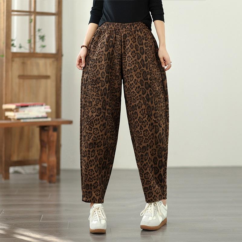 Plus Size Cotton Vintage Leopard High Waist Casual Loose Spring Autumn Harem Pants Women Trousers