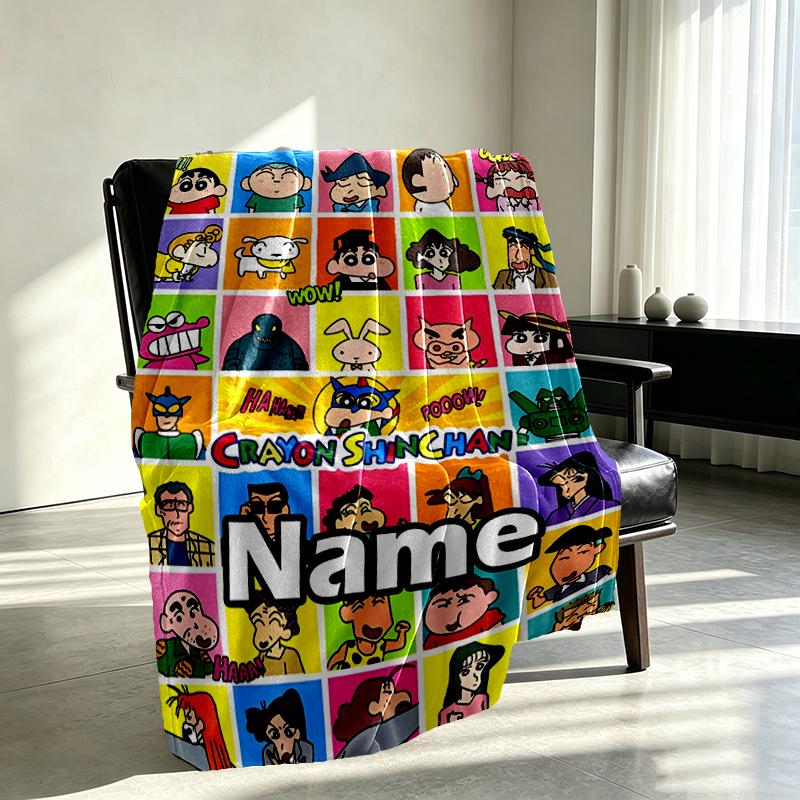 Custom Name Personalized Crayon Shin Print Blanket, Home Decor, Bedroom, Sofa, Camping, Couch, Gifts for Birthday Christmas