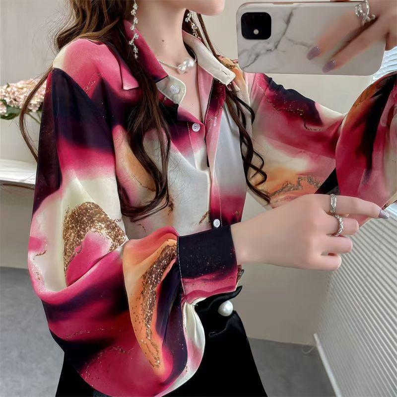 Retro Women's Printed Shirt Slim-fit Lantern Sleeve Floral Shirt Collared Chiffon Shirt Spring