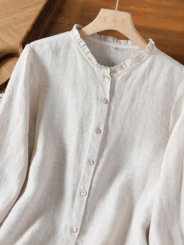 Women's Cotton Linen Ruffled Stand Collar Long Sleeve Retro Cardigan Shirt - Simple, Artistic Style