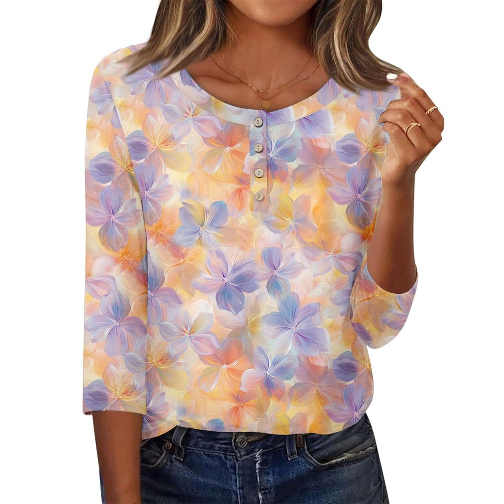 3/4 Sleeve Shirts For Women Button Down Shirt Top For Women Half Button Down Print Graphic Blouse