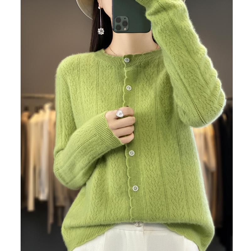 New Autumn and Winter Knitted Slimming Wheat Ear Fashionable Knitted Sweater for Women, Round-neck Long-sleeved Cardigan