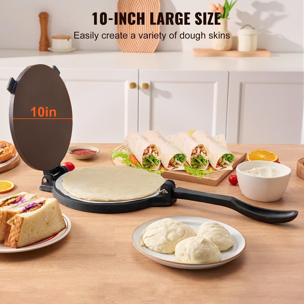 Tortilla Press, 10 Inch Tortilla and Roti Maker, Cast Iron Heavy Duty Tortilladora Press, Pre-Seasoned Pataconera Maker with 100 Pcs Parchment Paper,