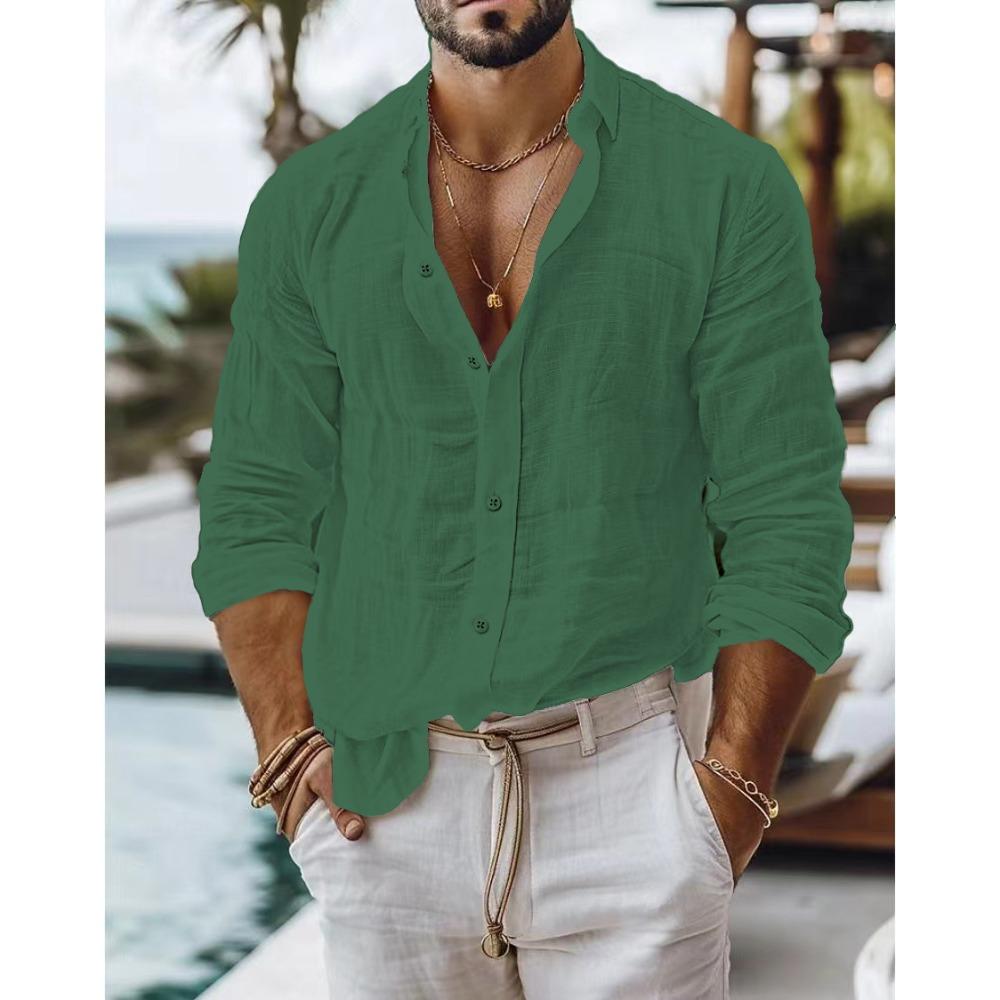 Men's Solid-Colour Cotton-Linen Blend Shirt Casual Style Long-Sleeved Business Casual Shirt