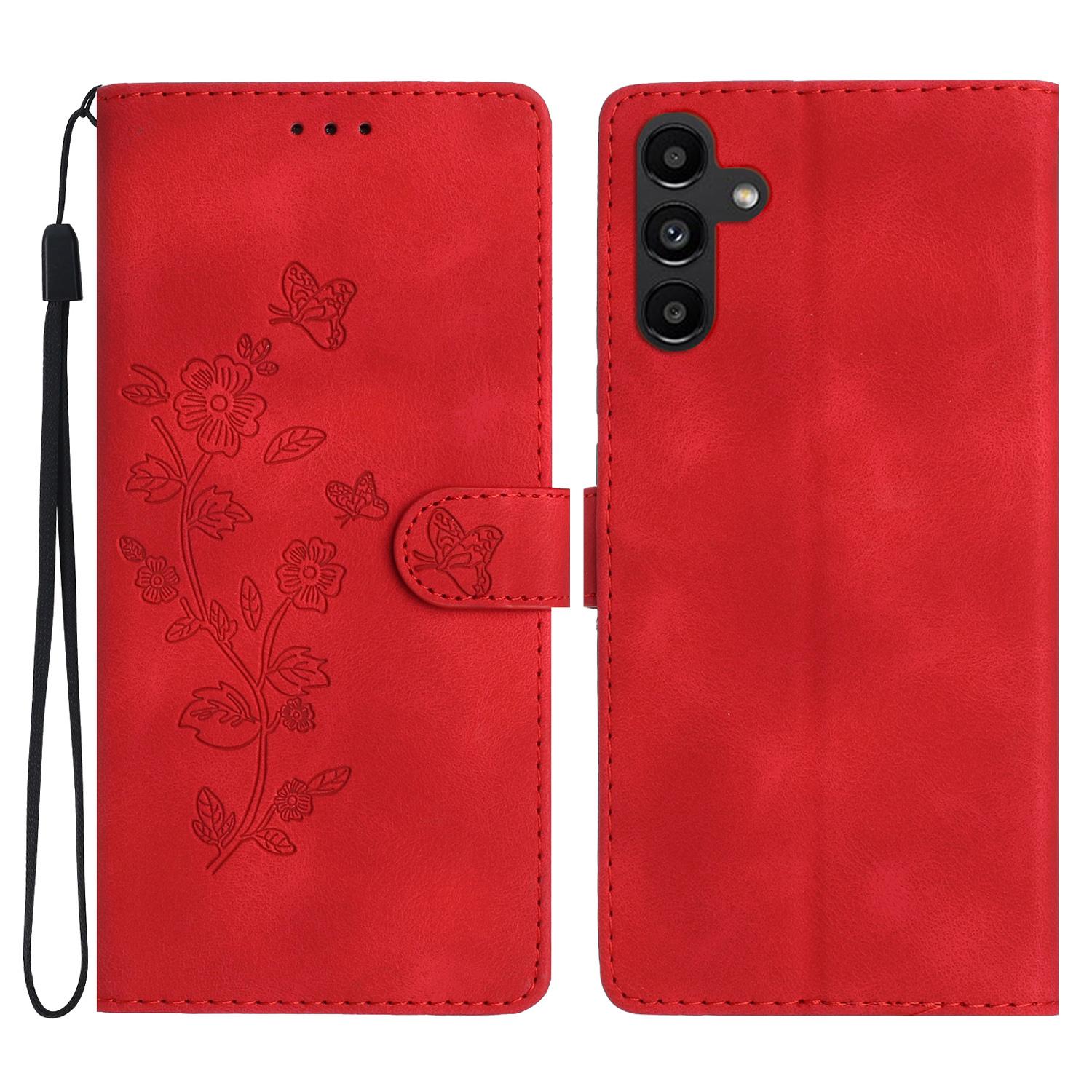 

For Samsung Galaxy S24 FE Case PU Leather Flower Imprinted Wallet Protective Cover Red