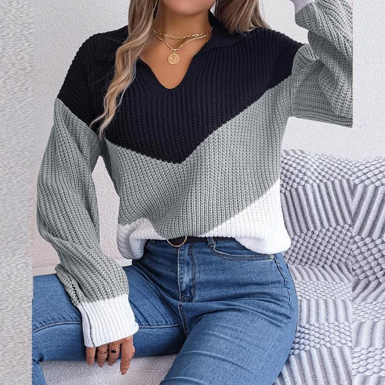 Women Casual Knit Pullover Sweater Autumn Winter Long Sleeve Polo Collar Contrast