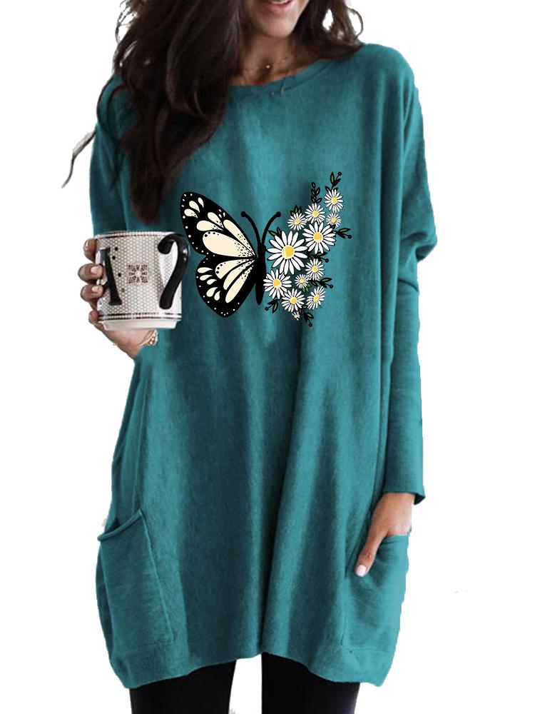 Women's Long Tunic with Pockets Loose Fit Fashion Printed Logn Sleeve Top Women's Sweatshirt