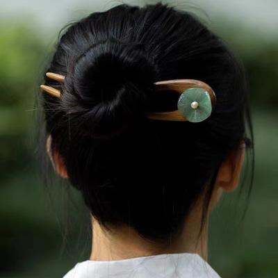U Shape Simple Women's Hairpin New Chinese Style Jade Lotus Leaf Wooden Hair Stick Elegant Vintage Hanfu Hair Accessories