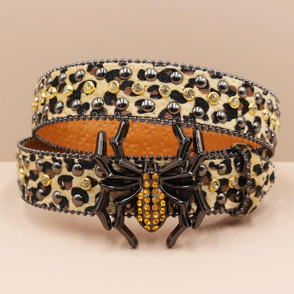 Leopard Print Rhinestone Punk Leather Belt - Y2K Style Women's Decorative Waistband